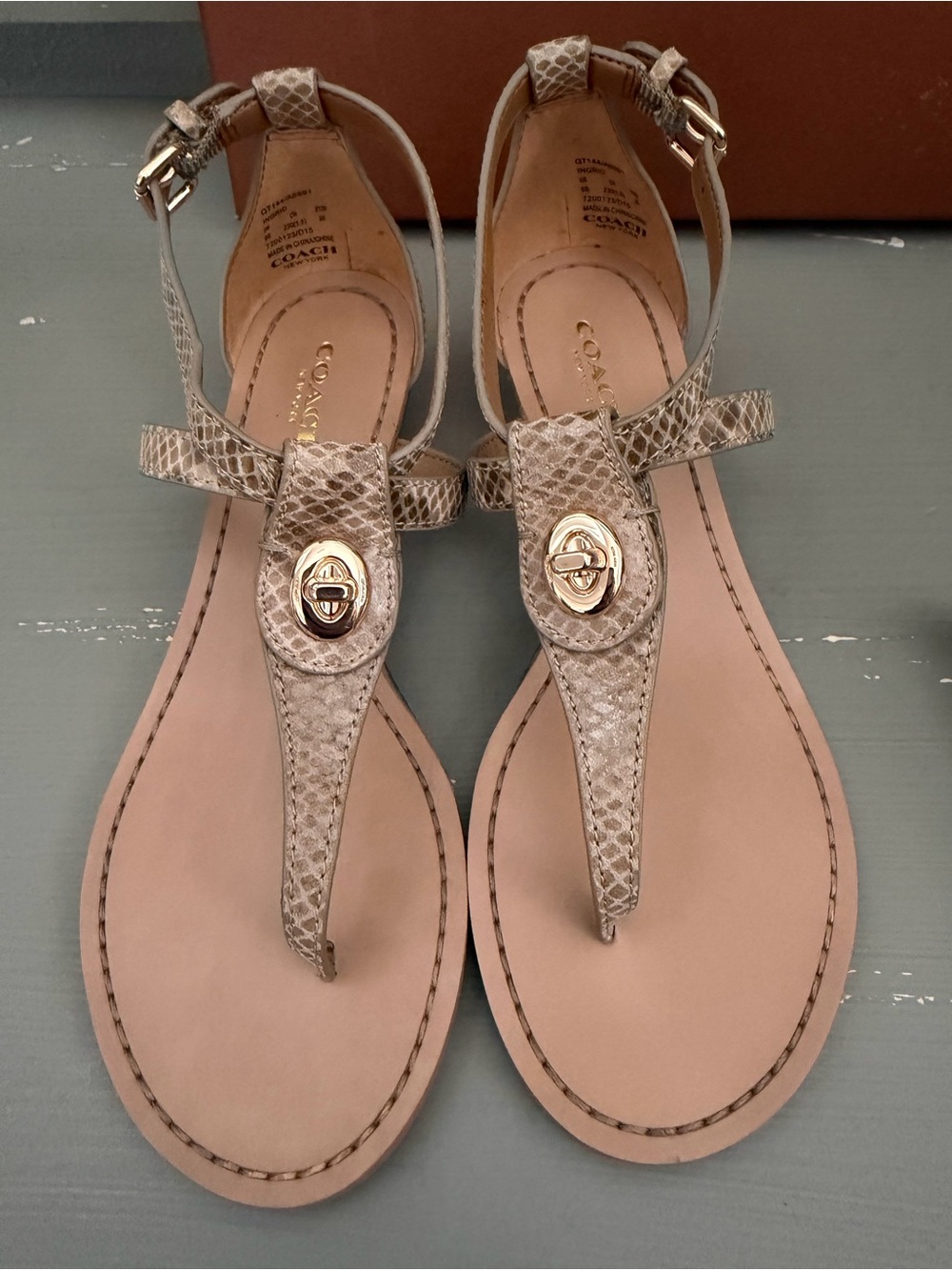 Coach Beige Snake-Embossed Leather T-Strap Sandals with Gold Accent